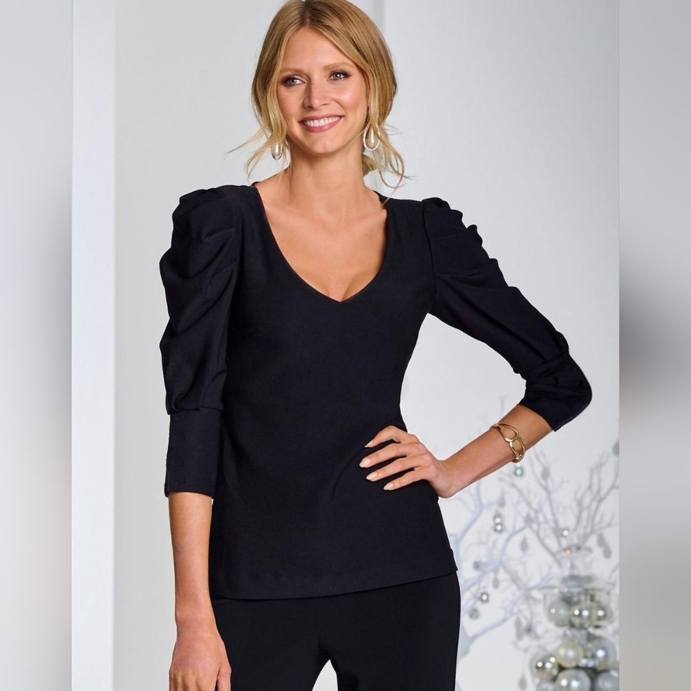 Boston Proper Beyond Travel Puff Sleeve V Neck Top